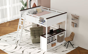 English Elm Queen Size Loft Bed With Desk, Usb Charging, Storage Box & Open Shelves For Organized Living Space N7090005002W-GIGA