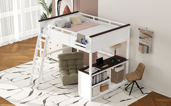 English Elm Queen Size Loft Bed With Desk, Usb Charging, Storage Box & Open Shelves For Organized Living Space N7090005002W-GIGA