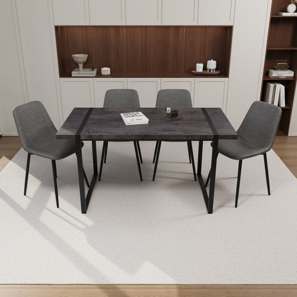 English Elm 59" Industrial Dining Set with Suede Chairs Matte Metal Base Mdf Table Seats Four Black+ Gray W2189S00817