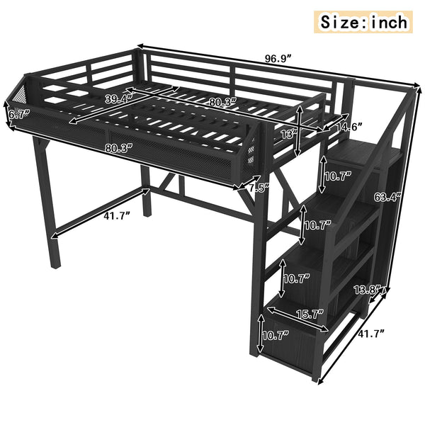 English Elm Full Xl Over Twin Triple Metal Bunk Bed with Storage Stairs and Shelves Black Black+Natural W1580S00407