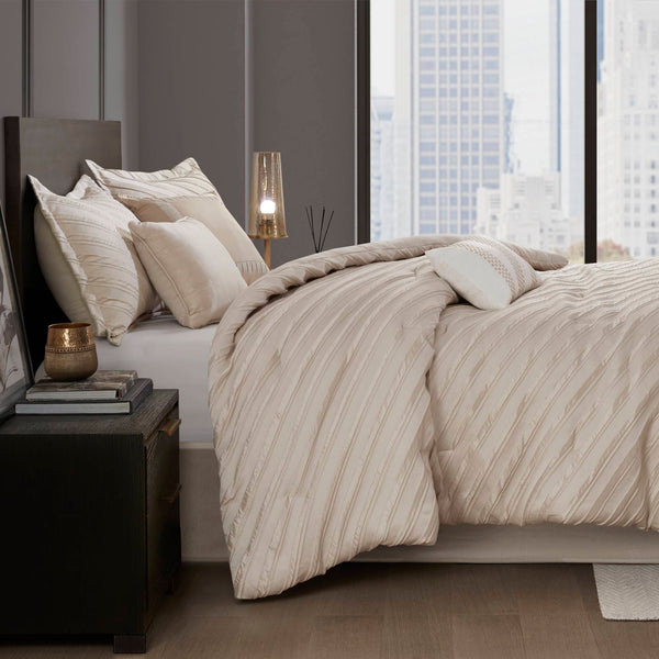 English Elm 7 Plush Queen Comforter Set with Jacquard Texture, Bedskirt & Decorative Pillows for Cozy Elegance Beige 17.91 L x 13.98 W x 10.04 H B035P319209