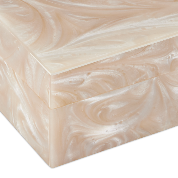 Perlas Swirl Box Set of 2 - Elegant Ivory Composite Storage with Natural Wood Interior, 3" Height