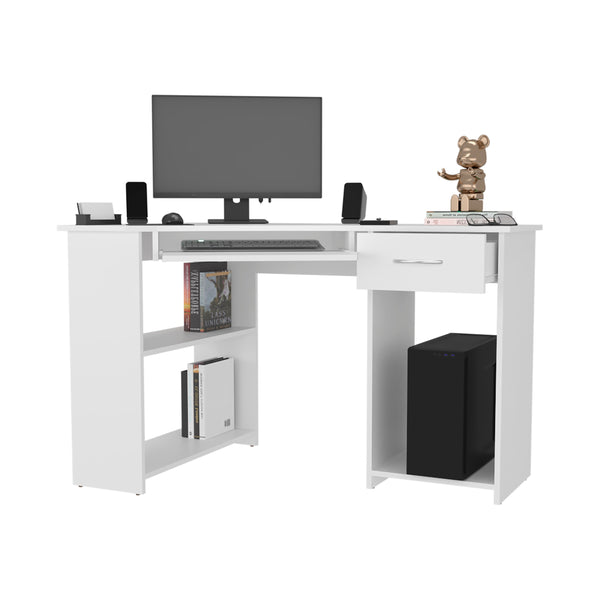 English Elm White L-Shaped Computer Desk with Drawer, Shelf & CPU Space — Space-Saving White Workstation Organizer B062P389916