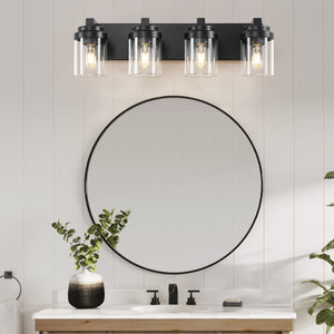 English Elm 4 Matte Black Vanity Light 4-Light Farmhouse Bathroom Fixture with Clear Glass Shades, Water-Resistant LED W2312P389978