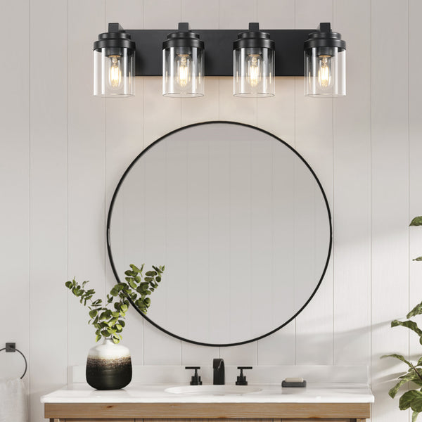 English Elm 4 Matte Black Vanity Light 4-Light Farmhouse Bathroom Fixture with Clear Glass Shades, Water-Resistant LED W2312P389978