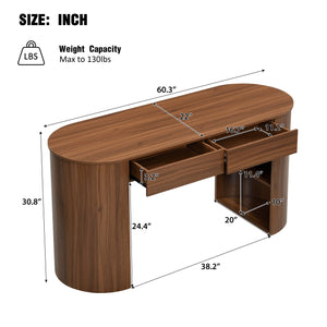 English Elm Storage Writing Desk with Curved Base Open Shelves and Drawers for Home Office Dark Walnut N757P306285D
