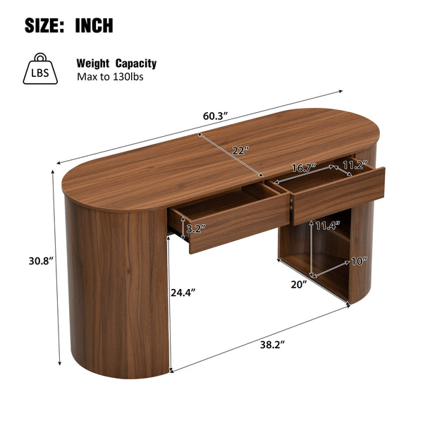 English Elm Storage Writing Desk with Curved Base Open Shelves and Drawers for Home Office Dark Walnut N757P306285D