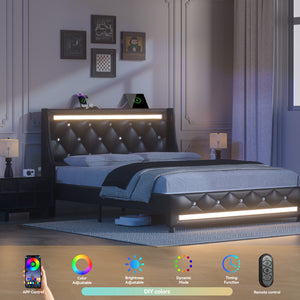 English Elm Queen Smart Bed Frame with Headboard, RGB LED Ambience, Built‑in Charging Ports, Sturdy Slats and Silent Design Black T3825P387380