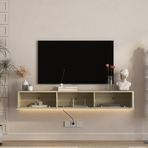 English Elm Floating Wall Mounted Tv Shelf with Led Backlight Gloss Cabinet and Built in Power Strip W1321P391272
