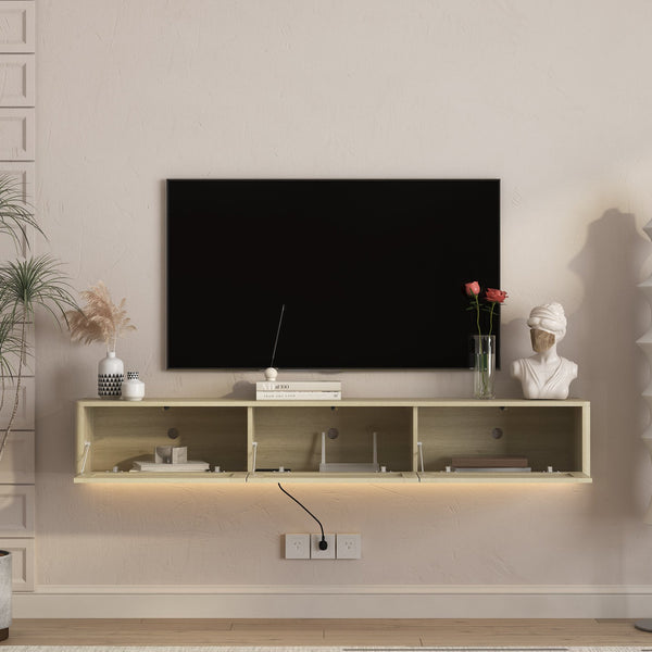 English Elm Floating Wall Mounted Tv Shelf with Led Backlight Gloss Cabinet and Built in Power Strip W1321P391272