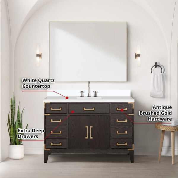 English Elm Brown Oak Single Bath Vanity 48" W x 22" D with Polished White Quartz Top, Chrome Faucet & 46" Mirror B2731S02015