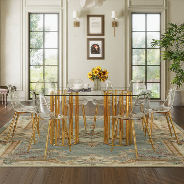 English Elm Table and Chair Set Oval Glass Top Gold Column Base with Ghost Acrylic Seating for 8 W1151S04731