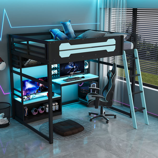 English Elm Full Size Gaming Loft Bed with Built-in Desk Led Lighting Usb Ports and Pegboard Black+Blue LT000270AAC