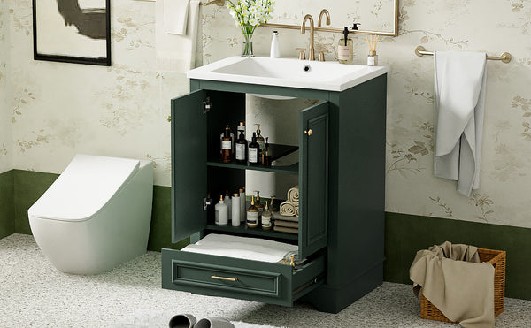 English Elm 24'' Bathroom Vanity with Ceramic Sink Combo Modern Freestanding MDF Cabinet with Soft-Close Doors and Sleek Silver Handles for Spacious Organized Bathroom Storage Green N710P194893F