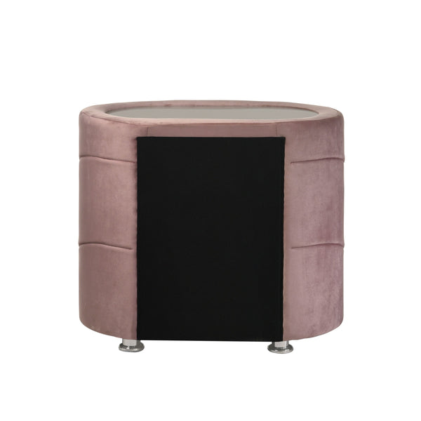 English Elm 1pc Pink Velvet Nightstand with Sandblasted Glass Top, Art Deco Two Drawers, Chrome Legs - Luxurious Bedroom Accent B2741P321723