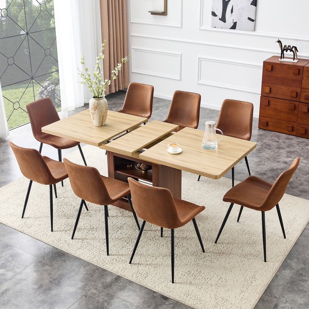 English Elm Scalable Extendable Dining Set Eight Upholstered Chairs Walnut Base Modern Room W1151S04689