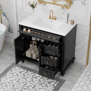 English Elm 36" Modern Bathroom Vanity with Ceramic Sink, Gold Handles, Flip-Out Drawer & Soft-Close Doors Black N725P283623B