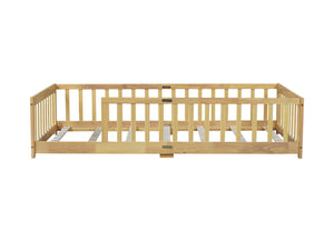 English Elm Twin Size Floor Bed With Safety Guardrails, Eco-Friendly Rubberwood Design For Toddler Independence W504P286397-GIGA