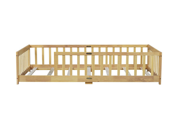 English Elm Twin Size Floor Bed With Safety Guardrails, Eco-Friendly Rubberwood Design For Toddler Independence W504P286397-GIGA