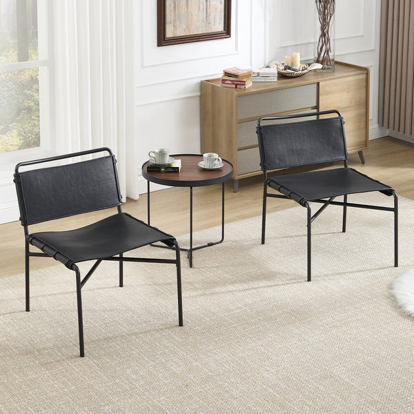 English Elm Retro PU Leather Leisure Chair Set of 2 – Modern Medieval Black Armless Accent Chairs with Metal Legs, Breathable Faux Leather Comfort W3112P254908