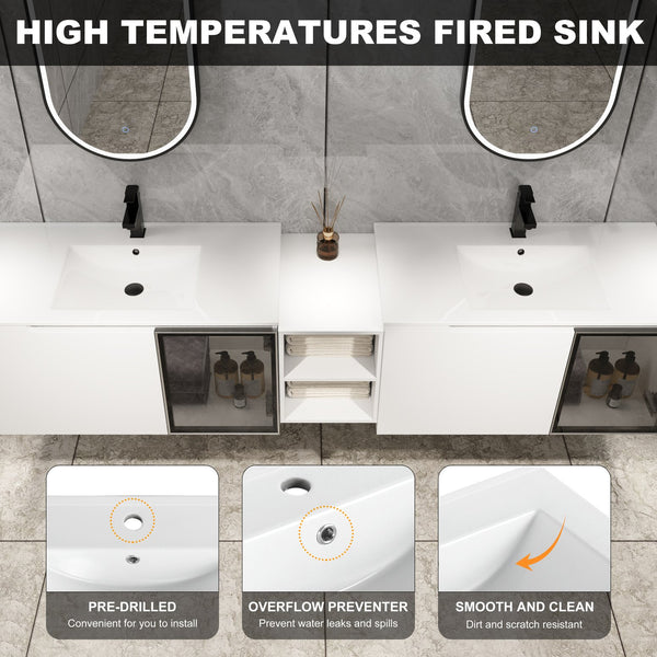 English Elm 84'' Freestanding Double Sink Bathroom Vanity Oak Finish Soft Close Storage Cabinet W999S00534