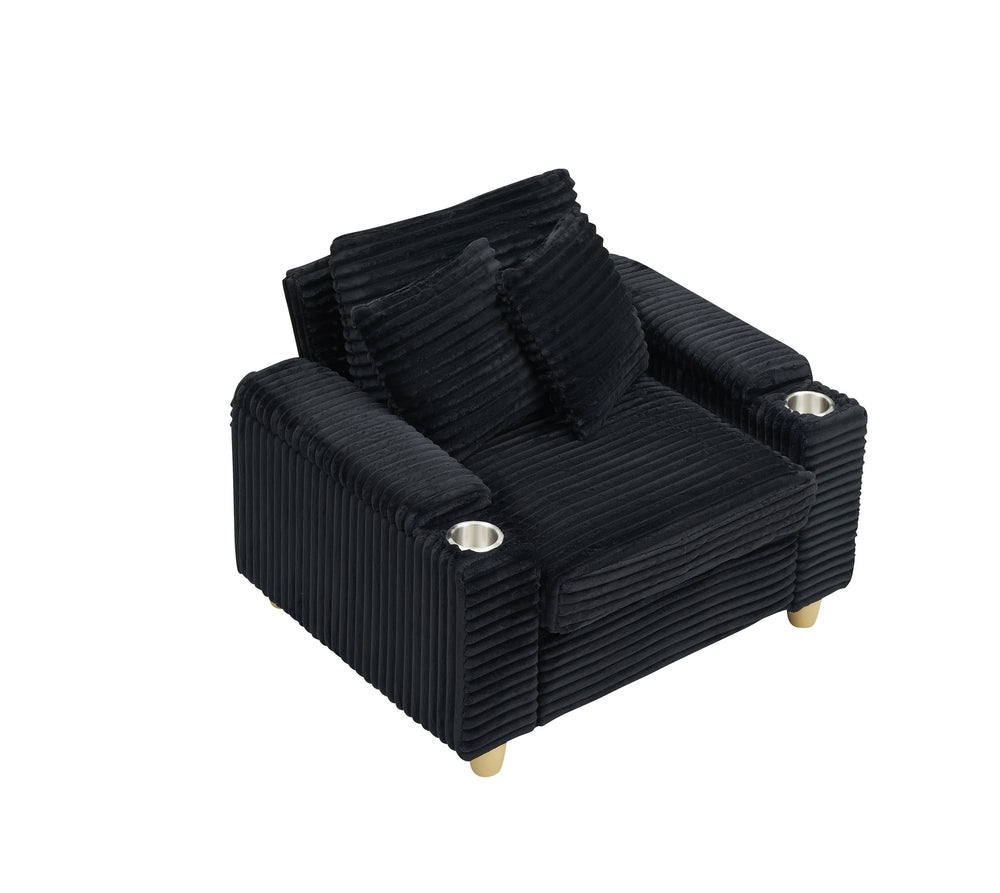 English Elm Black corduroy single sofa with ottoman storage, built-in armrest compartments, removable pillows, modern cozy design W1658S00135