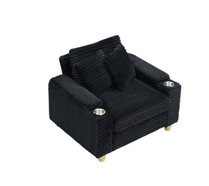 English Elm Black corduroy single sofa with ottoman storage, built-in armrest compartments, removable pillows, modern cozy design W1658S00135