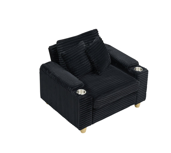 English Elm Black corduroy single sofa with ottoman storage, built-in armrest compartments, removable pillows, modern cozy design W1658S00135