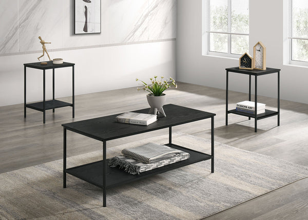 English Elm Rustic 3pc Table Set with Wrought Metal Abstract Side Panels Engineered Wood Tops Durable Charm Black 47 L x 21 W x 5 H B2741P392068