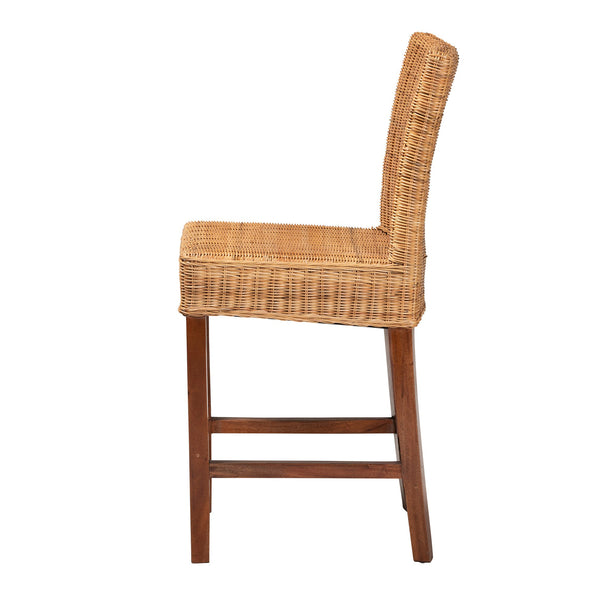 English Elm Modern Woven Rattan Mahogany Wood Counter Stool Bohemian Kitchen Seating B2750P470072