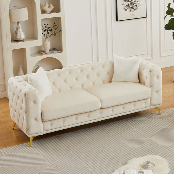 English Elm Fx Chesterfield Velvet Sofa with Diamond Tufting Polished Legs and Accent Pillows Beige W1926S00080
