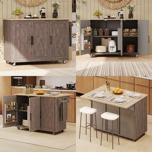 English Elm K&K Farmhouse Kitchen Island with Geometric Twill Doors, ASH Bark Top, Drop Leaf & Lockable Wheels Brown N707P221444Z
