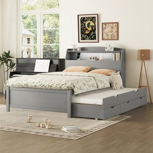English Elm Full Size Wooden Led Platform Bed With Trundle, Storage Headboard & Usb Charging – Gray Finish N820S10009E