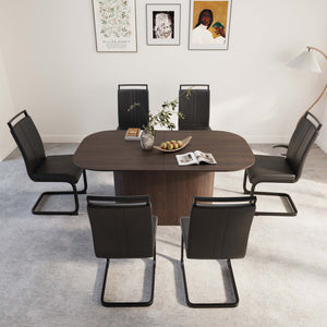 English Elm 63 Inch Mdf Dining Table and Six Pu Leather Chair Set for Modern Industrial Homes W2189S00890