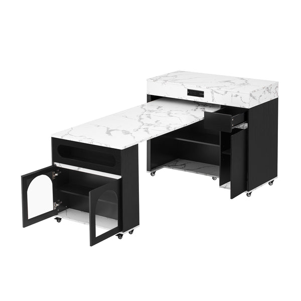 English Elm Trexm Rolling Kitchen Island Extendable Marble Top Cabinet Drawers Power Outlet Black,White Marble XW000029AAB