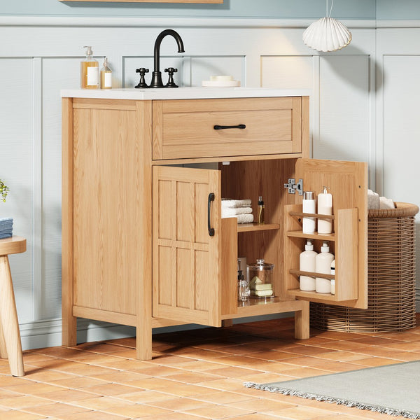 English Elm 30" Solid Pine Bathroom Vanity with Resin Sink Soft Close Doors and Natural Grain Finish N710P405952P