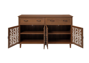 English Elm 4 Door Sideboard Buffet with Hand Carved Geometric Panels Black Oak Finish Raised Legs W688P359947