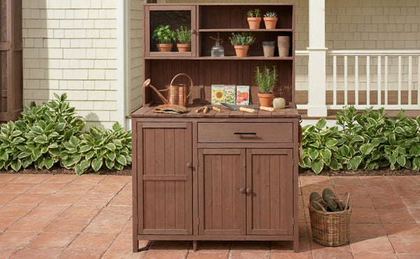 English Elm (with Hutch) Topamx Solid Fir Potting Bench Patio Workstation Spice Rack Drawer Brown N717P404330D