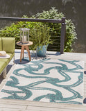 Unique Loom Outdoor Coastal Tethered Machine Made Solid Print Rug Ivory, Navy Blue/Green 5' 3" x 8' 0"