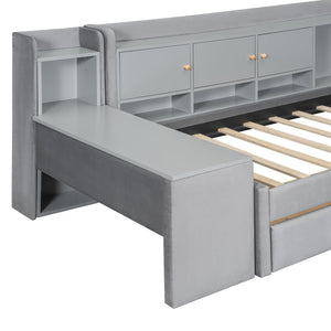 English Elm Twin Upholstered Daybed with Velvet Finish, High Back Shelves, Flip Cabinets, Drawers & Side Table Gray SF000196AAE