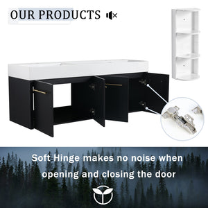 English Elm 60 Inch Wall-Mounted Bathroom Vanity With Double Resin Sink & Stylish Storage Rack, Easy Assembly W999S00372