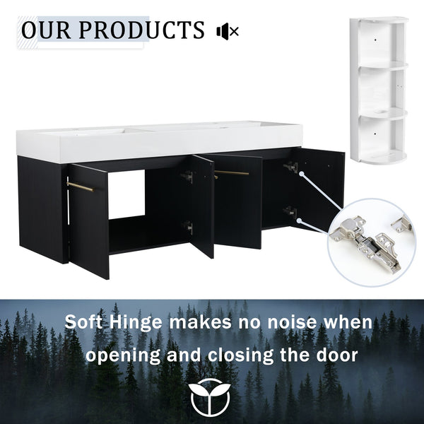 English Elm 60 Inch Wall-Mounted Bathroom Vanity With Double Resin Sink & Stylish Storage Rack, Easy Assembly W999S00372