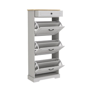 English Elm Shoe Storage Cabinet - Slim Freestanding Organizer With 1 Drawer, 3 Flip Drawers & Adjustable Shelf W1120P290634-GIGA