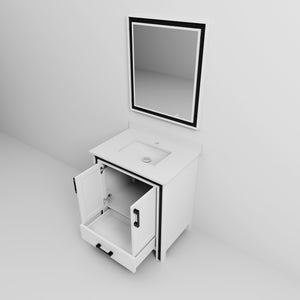 English Elm White Bath Vanity 30 in. W x 22 in. D with White Quartz Top, Soft-Close Drawer, 28 in. Mirror Included B2731S00802