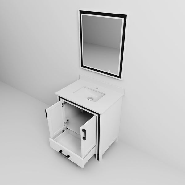 English Elm White Bath Vanity 30 in. W x 22 in. D with White Quartz Top, Soft-Close Drawer, 28 in. Mirror Included B2731S00802