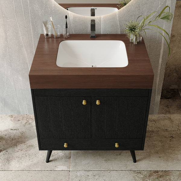 English Elm Contemporary Freestanding Bathroom Vanity Sintered Stone Top Ceramic Sink Storage Cabinet W3136S00060