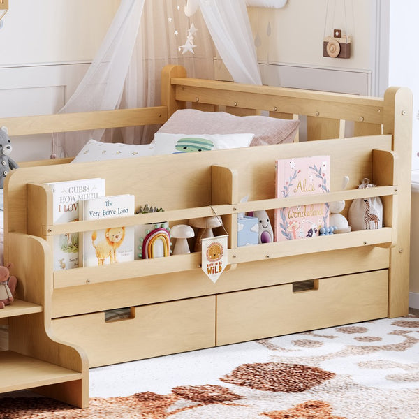 English Elm Twin Pine Floor Bed with Guardrails Built-in Bookcases and Stair Steps for Kids Light Natural W1580P430201