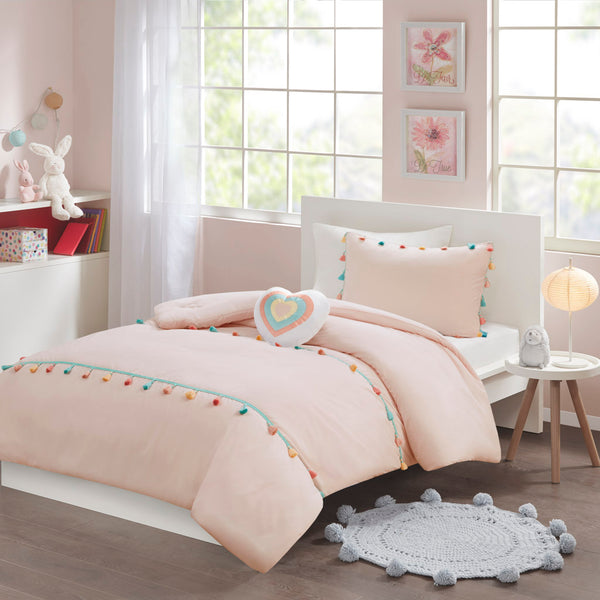 JLA Home Mi Zone Kids - Tassel Hypoallergenic Comforter Set with Embroidered Heart Pillow, OEKO-TEX Antimicrobial, Kid-Friendly Decor Blush MZK10-262