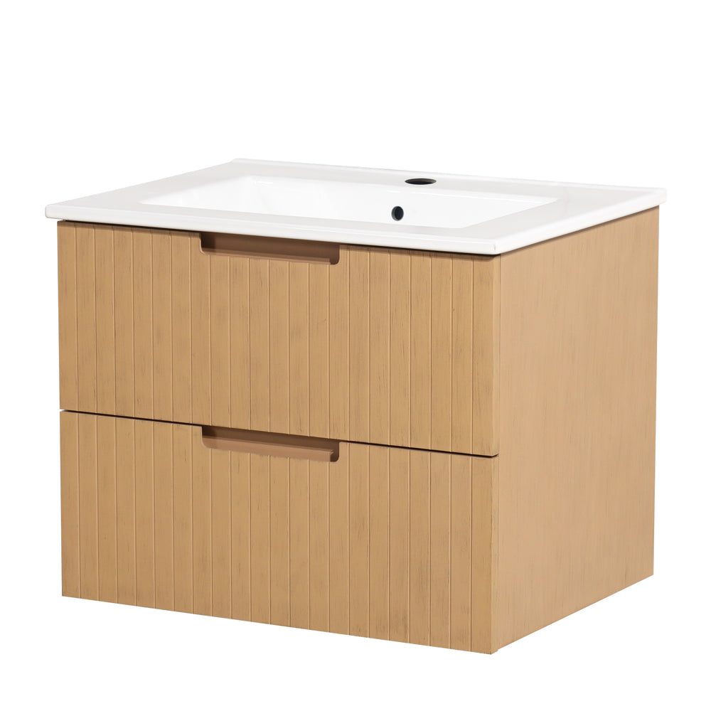 English Elm 24 Inch Floating Bathroom Vanity With Ceramic Sink - Modern Wall-Mounted Storage Cabinet In Light Brown W1550S00034