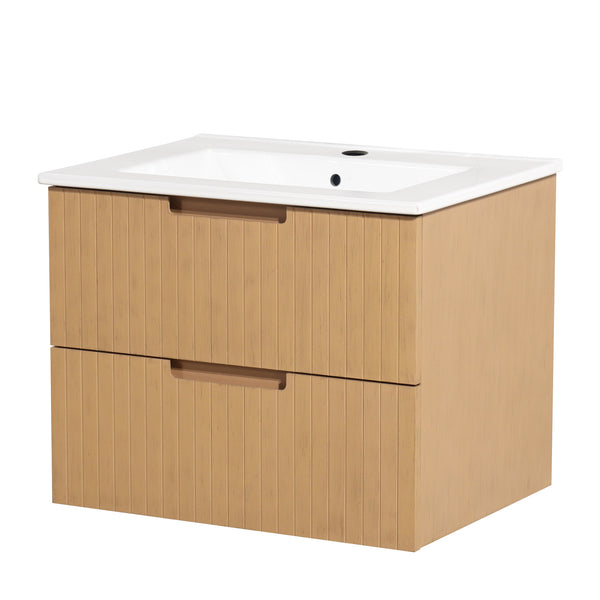 English Elm 24 Inch Floating Bathroom Vanity With Ceramic Sink - Modern Wall-Mounted Storage Cabinet In Light Brown W1550S00034